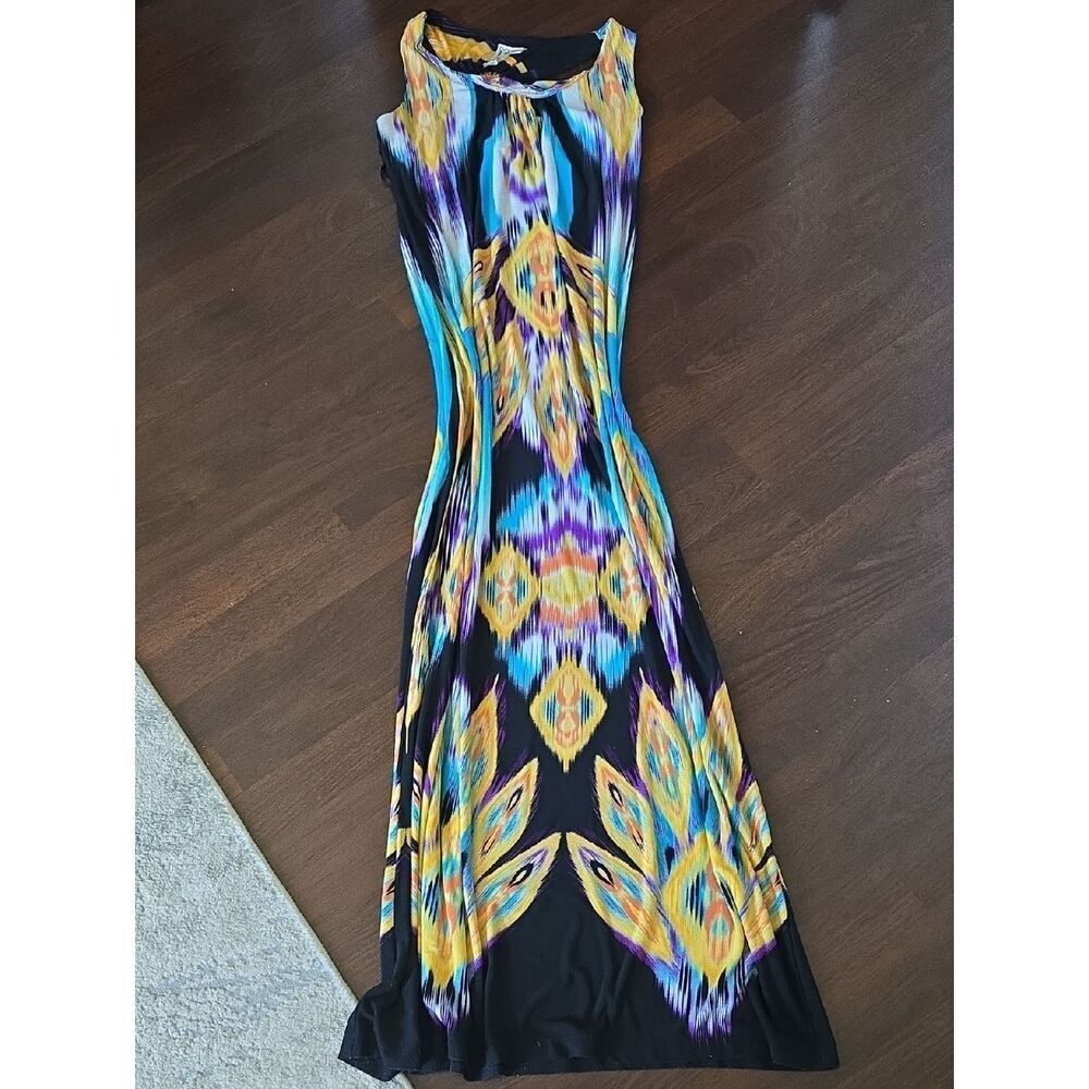 Emma & Michele Black Maxi Dress with Yellow, Blue & Purple Ikat Print